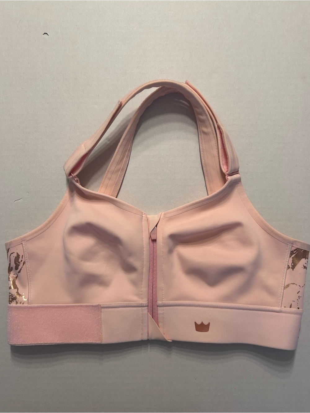 SHEFIT Flex Medium Impact Sports Bra Blush Pink Rose Gold Foil Front Zip Medium